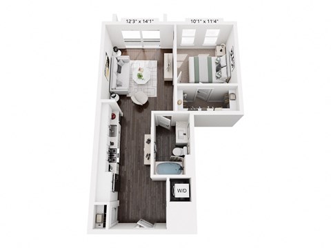 A floor plan of a small apartment with a kitchen, living room, and bathroom.